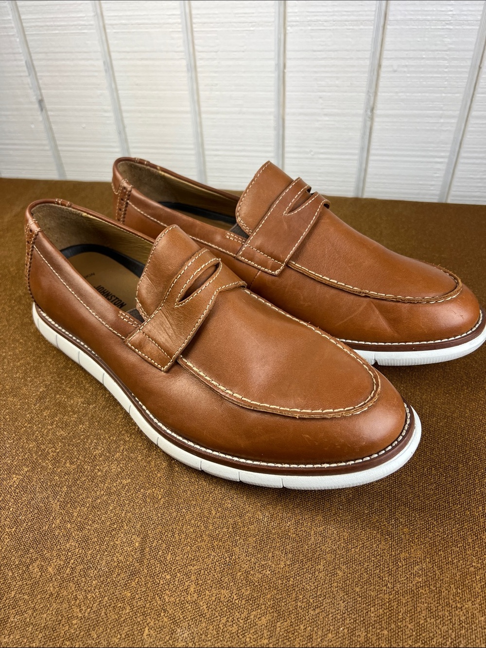 Johnston & Murphy Tan Leather Penny Loafers with White Sole
